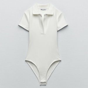 Zara Ribbed Polo Bodysuit Oyster White